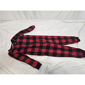 Joe Fresh kid's red and black buffalo plaid fleece footless pajamas.